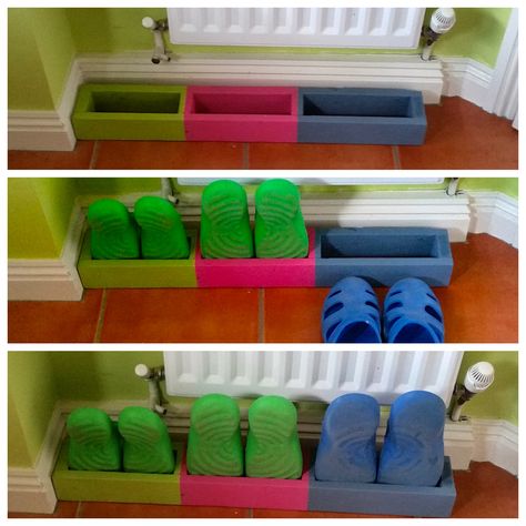 Croc shoe storage from pallet wood.  Colour coded and sized acordingly. Wood Colour, Croc Charms, Pallet Wood, Tidy Up, Crocs Shoes, Shoe Storage, Storage Ideas, Wood Pallets, Storage Bench