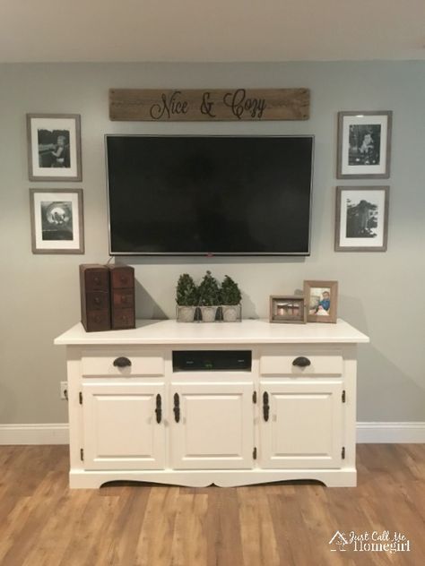 Buffet to TV Console - Just Call Me Homegirl How To Decorate Around A Tv, Decor Around Tv, Tv Mounted, Tv Fal, Swivel Tv Stand, Tv Stand Decor, Tv Furniture, Tv Decor, Living Room Remodel