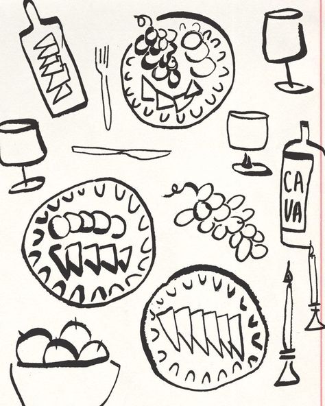 Dinner Party Sketch Phthalo Ruth Party Sketch, Party Drawing, Doodle Animation, Menu Illustration, Ideas For Drawing, Food Doodles, Food Sketch, Wine Event, February 10