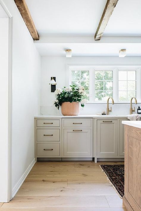 Modern Tudor Interiors, Jean Stoffer Kitchen, Modern Tutor, Modern Tudor Home, Soft Green Kitchen, Driftwood Kitchen, Jean Stoffer Design, Tudor Kitchen, Jean Stoffer