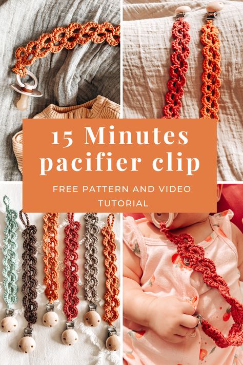 How to crochet a pacifier clip in 15 minutes - CJ Design Blog Crochet Pacifier Clip Pattern Free, Crochet Pacifier Holder, Cj Design, Crochet Pacifier, Paci Holder, Crochet Pacifier Clip, Crochet Baby Projects, Crochet Baby Gifts, Diy Bebe