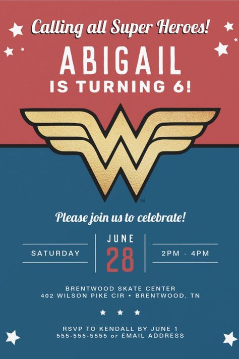 Wonder Woman Golden Logo Birthday Invitation
Celebrate your child's superhero birthday with these blue and red Wonder Woman birthday invitations. Personalize by adding your party details! Wonder Woman Birthday Party, Wonder Woman Birthday, Superhero Birthday Invitations, Woman Birthday, Woman Birthday Party, Golden Logo, Superhero Birthday Party, Quinceanera Invitations, Dc Comic