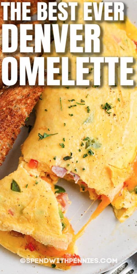 A Denver omelette recipe can be made with an assortment of ingredients. We love to make ours loaded with eggs, bell peppers, ham, and of course cheese! This is the classic recipe that everyone loves! #spendwithpennies #denveromelet #denveromelette #breakfast #omeletrecipe #eggrecipe Denver Omelette Keto Bites, One Egg Omelet, Omlet Ingredients List, Ham Egg And Cheese Omelette, Dinner Omlet Recipes, 3 Egg Omelette, Turkey Omelette Recipes, Gourmet Omelette Recipe, Omelet Recipes Easy