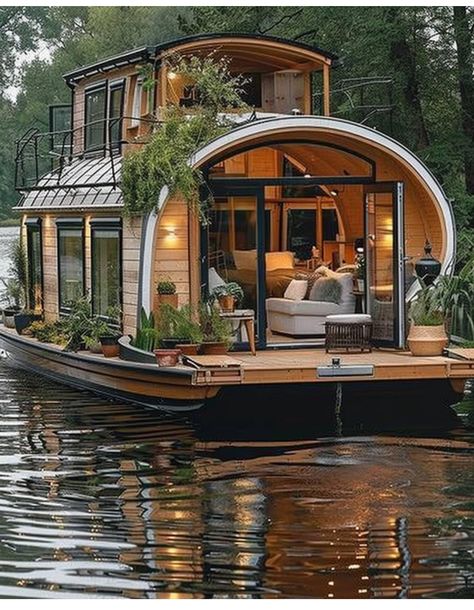 Lake Tiny House, Round Homes Design, Small Boat House, House Boat Living, Modern Boathouse, Pontoon Boat Ideas, Floating Cabin, Small Houseboats, Ship House