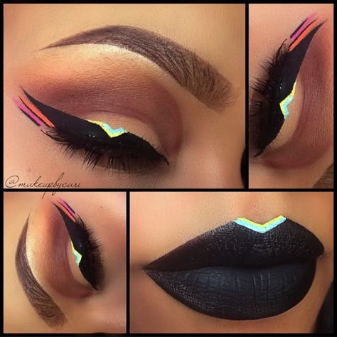 Black, Tiffany Blue, Yellow, and Pink Tribal Lips and Eyeliner... This is so cool, but I doubt I could pull this off haha Drag Make-up, Neon Makeup, Make Up Inspiration, Crazy Makeup, Festival Makeup, Fantasy Makeup, Makeup Goals, Makeup Designs, Costume Makeup