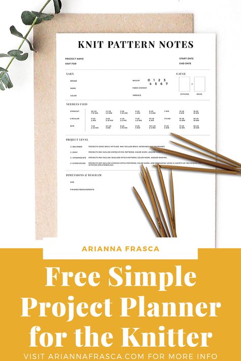 Free Simple Project Planner for the Knitter Be a more efficient knitter with this one easy tool.  Plot your course of action prior to beginning the pattern with this project planner, an instant-download digital PDF file designed specifically for knitters.  Stay on track by taking detailed notes while following any knit pattern, never forget which yarn you used, the modifications you made, the pattern source, etc Knitting Project Planner, Knitting Journal Free Printable, Knitting Journal Ideas, Bullet Journal Knitting, Knitting Notebook, Project Planners, Planner For School, Knitting Journal, Crochet Journal