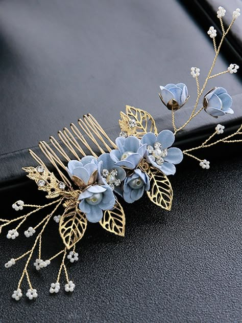 Baby Blue  Collar  Zinc Alloy   Embellished   Women Accessories Blue Floral Veil, Boho Tiara, Bride Hair Pins, Floral Veil, Bridal Headwear, Pearl Shop, Flower Hair Comb, Rhinestone Flower, Boho Bridal