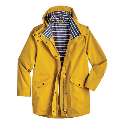 It's the raincoat you've seen in movies (possibly referred to as a "slicker"), maybe even worn yourself at some point in the past. This classic, bright yellow rain jacket has a drawstring hood, full zip front with snap storm flap, slanted snapclosure pockets and cuffs, and snapclosure yoke on the backside. The breathable, water-resistant jacket is fully lined in navy and white striped polyester. 100% polyester. Imported. Sizes: S(6-10), M(10-14), L(14-18), XL(18-20), XXL(20), 1X(22-24), 2X(24-26 Rain Coat Aesthetic, Tmnt Au, Coraline Cosplay, Rain Coat Outfit, Modelling Ideas, Yellow Rain Jacket, Rain Slicker, Yellow Raincoat, Costume Inspo