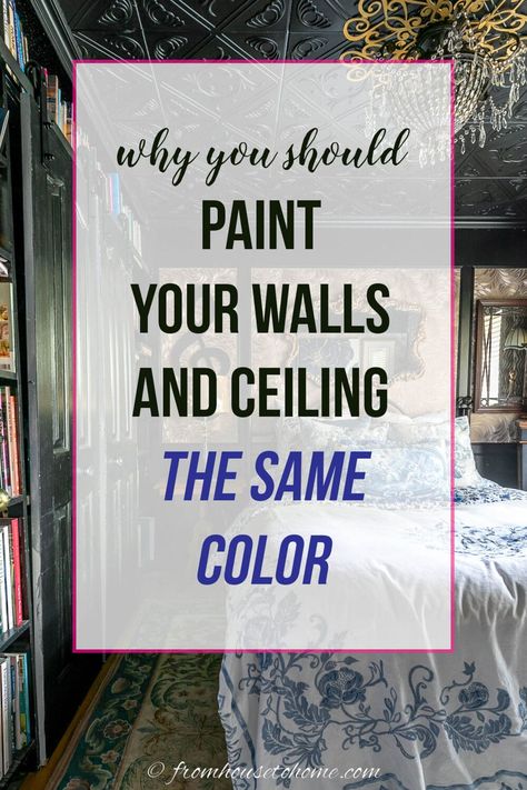 Accent Wall On Angled Ceiling, Colored Ceiling Ideas Bedroom, Dark Bedroom Painted Ceiling, Green Walls And Ceiling Living Room, Painting Rooms With Sloped Ceilings, Dark Ceilings And Walls, Wall Ceiling Paint, Ceiling Color Ideas Living Room, Trim Ceiling Ideas