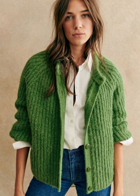 Emile Cardigan - Ecru - Alpaca - Sézane Sezane Basile Cardigan, Green Button Sweater Outfit, Sezane Fall 2024, Add Color To Wardrobe, Outfit With Green Cardigan, Colorful Knit Cardigan, Sezane Emile Cardigan Outfit, Sezane Emile Cardigan, Sezane Winter Outfits