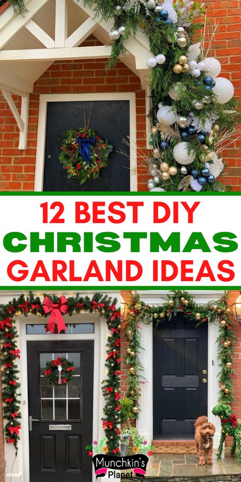 Check out these inspiring DIY Christmas Garland Ideas for the staircase, front door, and fireplace mantel to add festive cheer to your home. #christmasdecor #garland #diydecor Christmas Garland Inspirations, Christmas Garland For Outside Door, Front Door Christmas Decorations Diy, How To Make A Christmas Door Garland, Outside Door Garland, Christmas Front Door Decorations Ideas, Outside Christmas Garland Ideas, Garland Outside Christmas, Xmas Garland Ideas Front Doors