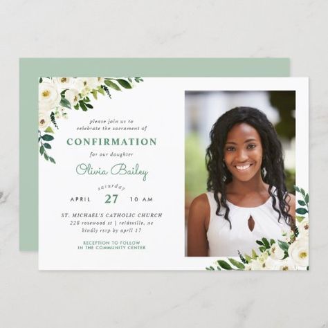 $2.95 | Sweet Greenery Floral Photo Confirmation #modern rustic floral, watercolor botanical greenery, green leaves and ivory flowers, modern typography, affordable, spring and summer floral, diy invitation design templates, holy confirmation, pretty feminine invitations, catholic christian religious sacrament Confirmation Invitation, Confirmation Invitations, Floral Diy, Diy Invitation, Invitation Design Template, Ivory Roses, Ivory Flowers, Floral Photo, Modern Typography