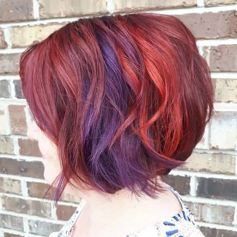 Red Hair With Color Blocking, Purple And Red Hair Highlights, Red Hair With Purple Highlights, Hair Colors For 2023, Red And Purple Hair, Purple Red Hair Color, Short Auburn Hair, Hair Color Combinations, Red Purple Hair