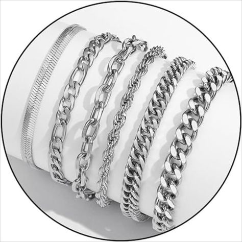 The 6 Pcs Chain Bracelet Set for Men features stainless steel Cuban, Curb, Link, Rope, Paperclip, Figaro, and Herringbone chain styles. Durable and stylish, these versatile bracelets are perfect for any occasion. Boys Bracelets, Mens Chain Bracelet, Cuban Link Chain Necklaces, Herringbone Chain, Mens Bracelet Silver, Mens Chain Necklace, Bracelets Set, Chain Bracelets, Gold Charm Bracelet