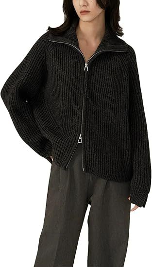 Double Zipper Cashmere Sweater Coat Women's Large Lapel Black Knit Sweater Cardigan at Amazon Women’s Clothing store Knit Coat, Black Knit Sweater, Winter Cardigan, England Fashion, Collar Cardigan, Knitted Coat, Sweater Coat, Collar Pattern, Style Office