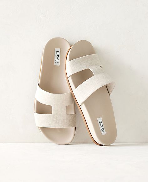 Haven Well Within. A thoughtful collection of lounge, sleep, home, and lifestyle essentials — and your trusted resource for all things wellbeing. Step into summer ease. These chic sandal-slides go with just about everything. Slip them on to pad around on balmy days or to spend an afternoon on the patio.,Bullet1:Molded footbed.,Imported:Imported,Fabrication:100% Linen,Garment Care:N/A Haven Well Within Linen Cutout Slides by Ann Taylor Size regular - 6 Natural Women's Flat, Sandals, Footwear, 100 Modern Classic Style, Chic Sandals, Natural Women, Womens Flats, Flat Sandals, Effortless Style, Perfect Pair, Ann Taylor, Slides