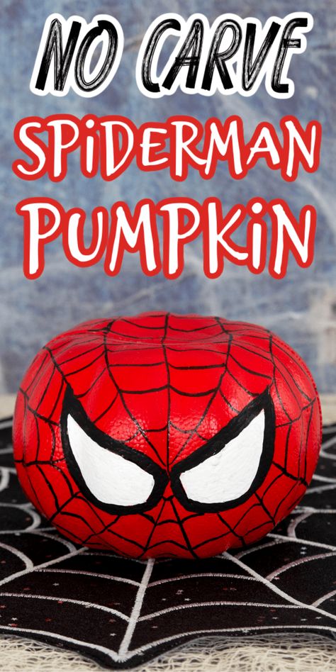 Spiderman Pumpkin Painting, Spiderman Pumpkin Carving, Spiderman Pumpkin Stencil, Spiderman Craft, Styrofoam Pumpkins, Spiderman Pumpkin, Book Character Pumpkins, No Carve Pumpkin, Halloween Pumpkin Crafts