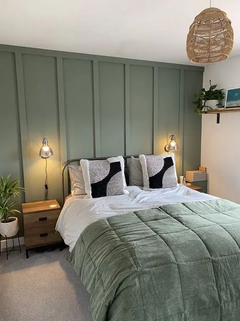 Picture of a modern bedroom with a sage green paneled wall, a metal bed with green and white bedding, stained nightstands, a woven pendant lamp Sage Green Interior Design, Sage Green Accent Wall, Green Home Decor Ideas, Sage Green And Grey Bedroom, Sage Green Interior, Sage Green Home Decor, Sage Green Bedding, Sage Green And Grey, Sage Green Furniture