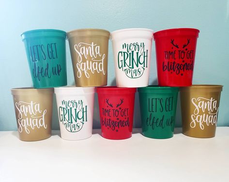 This listing is for one Reusable 16oz custom made Stadium Party Cup with various Christmas and Holiday Sayings! These Party Cups are reusable and perfect for Christmas, and especially for Christmas Parties, Bachelorette Parties, and so much more. They are the perfect size for adults and children. It is recommended that you hand wash only to preserve the life of the vinyl. *ORDERING INSTRUCTIONS* Please select quantity, Vinyl Color, and Saying you would like. Most items have a 1-3 business days p Christmas Cup Sayings, Christmas Cup Vinyl Ideas, Christmas Bachelorette Party, Christmas Bachelorette, Christmas Party Cups, Balloon Bar, Christmas Sleepover, Holiday Sayings, Bach Bash