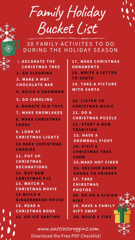 Make lasting memories with your family this holiday season by completing this bucket list of 30 holiday activities perfect for families! Need ideas of things to do this winter with your family? These are 30 of the best Christmas and holiday activities to must try this season with kids! #cassiescroggins #christmasactivities Christmas activities for kids Things To Do For Christmas Activities, Christmas Fun List, 100 Things To Do This Winter, Fun Christmas Things To Do With Kids, Christmas Vacation Activities For Kids, Christmas Checklist For Kids, Daily Christmas Activities For Kids, Fun December Activities For Kids, Christmas Season Bucket List