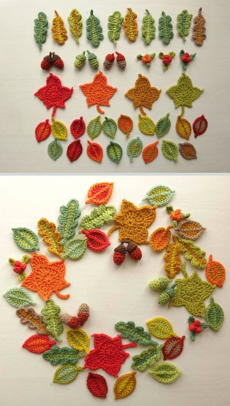 Acorn Applique Pattern, Fall Crochet Garland Pattern, Crochet Autumn Leaves Free Pattern, Crocheted Leaves Free Pattern, Cute Crochet Appliques, Crochet Fall Garland, Crochet Fall Patterns Free, Attic 24 Crochet, Berries Garland