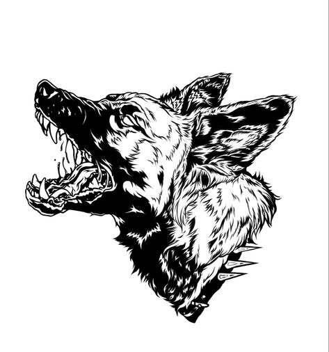 Digital art by Sarah Curnes Dog Growling Drawing, Dark Dog Tattoo, Dog Teeth Drawing, German Shepherd Tattoo Ideas, German Shepherd Tattoo, Dog Growling, Teeth Drawing, Medusa Tattoo Design, Dog Skeleton