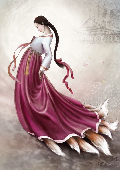 Kumiho is nine-tailed fox from Korean mythology                                                                                                                                                                                 More Nine Tailed Fox Aesthetic, Korean Mythology Creatures, Nine Tailed Fox Tattoo, Phoenix Symbolism, Asian Fox, Sweets Wallpaper, Huli Jing, 9 Tailed Fox, Korean Mythology