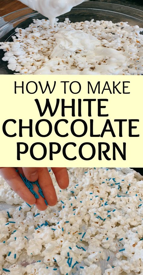 Popcorn White Chocolate, Popcorn Snack Mix Recipes, Popcorn Cake Recipe, Patriotic Popcorn, Candy Coated Popcorn, Chocolate Popcorn Recipe, Cake Batter Popcorn, White Chocolate Popcorn Recipe, Purple Popcorn