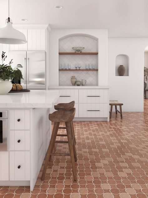 Mosaic Tiles In Kitchen, Angled Wall In Kitchen, Kitchens With Terracotta Floor Tiles, Terracotta And Wood Floor Transition, Terra Cotta Tile Floors Kitchens, Teracota Interior Tiles, Kitchen With Orange Accents, Zellige Perla Polished Ceramic Tile, Orange Floor Tiles