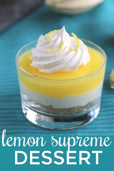 These lemon cups are a perfect dessert! #lemonsupreme #dessert #creamcheese Mini Lemon Dessert Cups, Lemon Dessert Cups Recipes, Lemon Dessert Cups, Lemon Cups, Ramekin Recipes, Lemon Lasagna, Citrus Party, Shot Glass Desserts, Lemon Treats