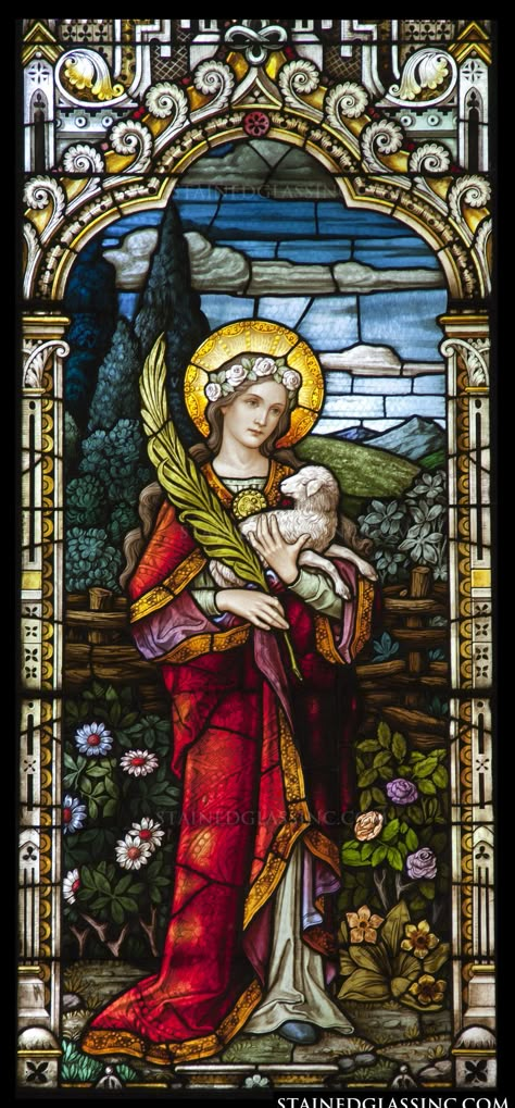 "Saint Agnes" Religious Stained Glass Window St Agnes Of Rome, St. Agnes, Stained Glass Windows Cathedral, Stained Glass Virgin Mary, Stain Glass Windows Art, Saint Agnes Of Rome, English Stained Glass Windows, Stained Glass Saints, Stained Glass Mary