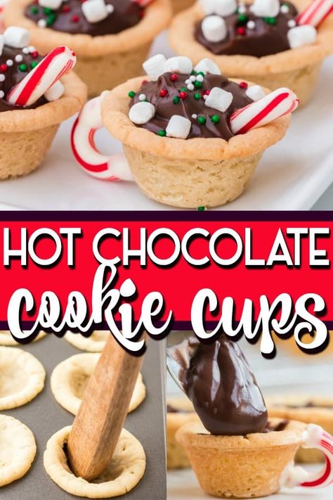 These Hot Chocolate Cookie Cups are made with ready to bake sugar cookie dough and pudding cups! They make a fun holiday dessert and are perfect for Christmas parties, cookie exchanges or just to put a smile on someone's face! Hot Chocolate Cookie Cups, Chocolate Cookie Cups, Hot Chocolate Cookie, Fun Holiday Desserts, Hot Chocolate Cookies Cups, Easy Holiday Cookies, Holiday Desserts Christmas, Cookie Cups Recipe, Easy Holiday Desserts