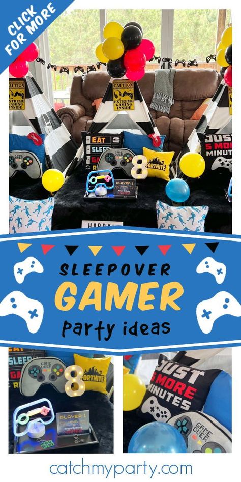 Gamer Sleepover Party, Video Game Sleepover Party, Teen Boy Sleepover Ideas, Boy Sleepover Party Ideas, Gamer Sleepover, Boy Sleepover Ideas, Sleepover Ideas For Boys, Gamer Birthday Party Ideas Boys, Boys Sleepover Party Ideas