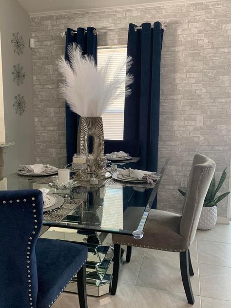 Silver And Navy Living Room, Living Room Decor Royal Blue, Royal Blue Dining Room Decor, Blue And Silver Dining Room Decor, Blue Silver And Black Home Decor, Silver And Blue Living Room Decor, Blue And Silver Room Ideas, Blue And Grey Dining Room Decor, Navy And Silver Living Room