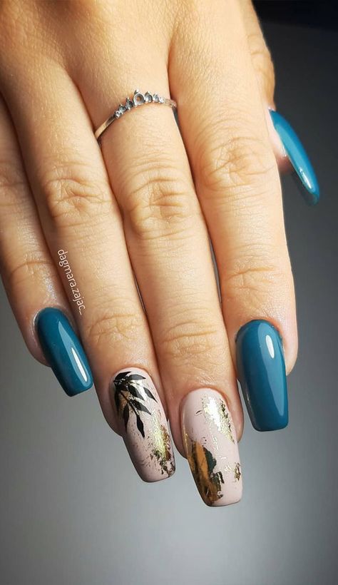 Teal Nails Ideas, Dark Teal Nails, Teal Nail Art, Gold Foil Nails, Color Palette For Home, Foil Nail Designs, Teal Nail Designs, Teal Nails, Foil Nail Art