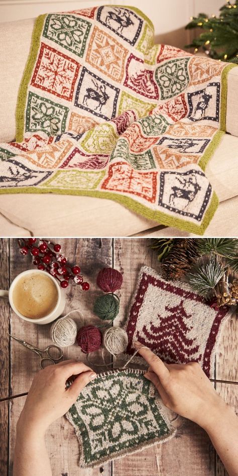 Sampler Blanket Knitting Pattern, Knitted Christmas Blanket, Christmas Tree Crochet Blanket, Knitted Blankets Squares Block Patterns, Crochet Along, Geometric Knitting, Scandinavian Blanket, Winter Motifs, Nordic Knitting