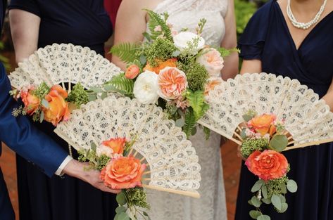 Fans instead of bouquets for bridesmaids. Bouquet alternative #VictorianTradingCompany #HeartsandFlowersFloralDesignStudio #coral #ferns #navy #bridesmaid #bouquetalternative Spanish Wedding Dresses, Flamenco Wedding Dress, Bridesmaid Bouquet Alternatives, Filipiniana Wedding, Jasmine Wedding, Flower Backdrop Wedding, Easter Flower Arrangements, Bridesmaid Diy, Bouquet Bridesmaid