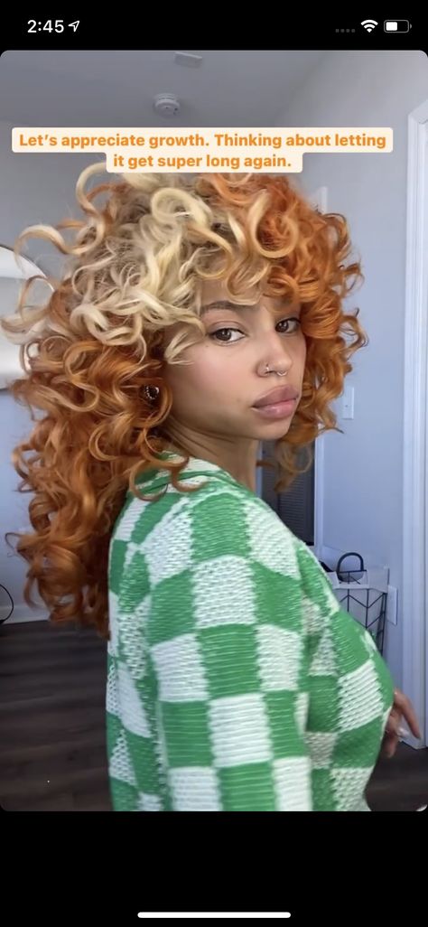 Natural Dyed Curly Hair, Orange Highlights Curly Hair, Ginger Hair With Blonde Money Piece Curly Hair, Orange And Blonde Curly Hair, Ginger And White Hair Curly, Copper And Blonde Hair Curly, Ginger Hair Blonde Highlights Curly, Hair Dye Curly Hair Natural Curls, Multi Colored Curly Hair