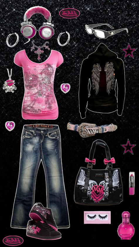 mcbling y2k 2000s outfit emo scene hot pink and black juicy couture guess Outfit Emo, Scene 2000s, Trashy Outfits, 2000s Outfit, 2000s Pink, Mcbling Y2k, Outfits 2000s, Scene Outfits, 2000s Outfits