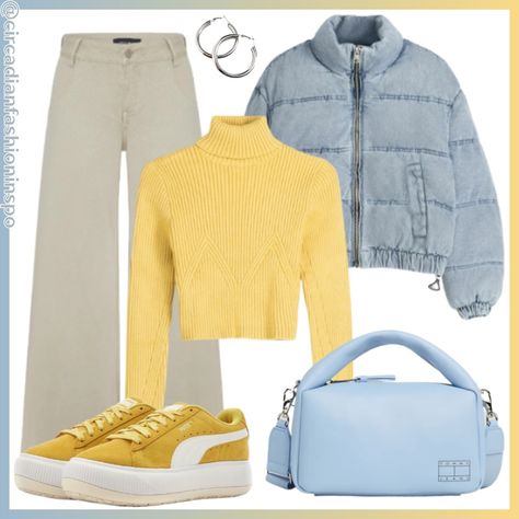 Some warming up of icy baby blue with yellows🍧⚡🦌 • Jacket and jumper - Bershka • Jeans - Urban Revivo • Bag - Tommy Hilfiger • Shoes - Puma • Hoops - DesignB London (on Asos) - shop this outfit through #aff link on my story (highlights) and bio (link to my benable page, under October outfits and then *Baby blue puffer outfit * section)! #fashion #fashionstyle #dailylook #outfitoftheday #outfitinspiration #outfitideas #dailyoutfits #dailyoutfitinspo #autumnfashion #autumnoutfit #fallfashion... Blue Puffer Outfit, 29 Birthday, Puffer Outfit, October Outfits, Urban Revivo, Blue Puffer Jacket, Bershka Jeans, Tommy Hilfiger Bags, Blue Puffer