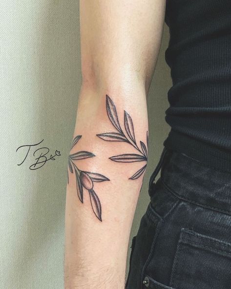 Olive Branch Tattoo Forearm Wrap, Forearm Olive Branch Tattoo, Olive Branch Tattoo Arm Wrap Men, Leaf Cuff Tattoo, Branch Wrap Tattoo, Olive Branch Wrap Tattoo, Olive Branch Wrap Around Tattoo, Olive Tattoo Branch, Tattoo Olive Branch