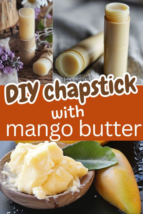 Woman's lips looking healthy and mango butter. Text reads: DIY chapstick with mango butter. Lip Balm Recipes Shea Butter, Natural Chapstick Recipe, Diy Natural Chapstick, Homemade Chapstick Essential Oils, Diy Chapstick Recipe, Homemade Lip Oil, Lipbalm Diy, Mango Butter Lip Balm, Chapstick Diy