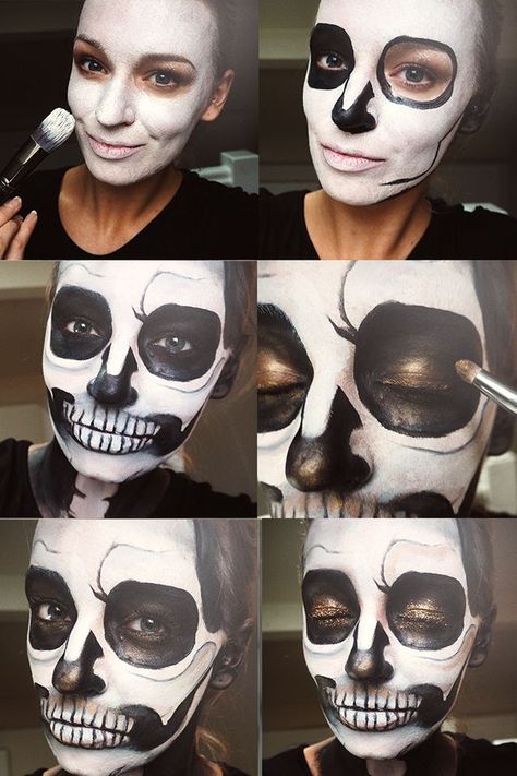 Skull Makeup Look, Skull Make Up, Glitter Skull, Halloweenský Makeup, White Face Paint, Half Skull, Creepy Halloween Makeup, Skeleton Makeup, Natural Make Up Looks