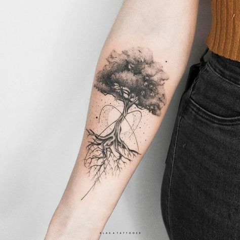 Calf Tree Tattoos For Women, Tattoos That Mean Growth, Woman Tree Tattoo, Tattoo That Represents Growth, Mother Earth Tattoo, Tree Roots Tattoo, Roots Tattoo, 42 Tattoo, Earth Tattoo