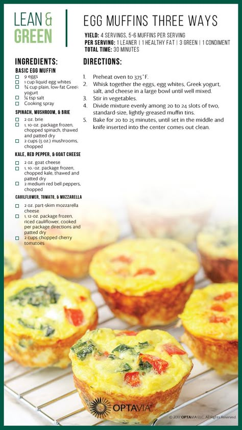 Egg Muffins Three Ways Optavia Lean And Green Recipes, Medifast Recipes, Optavia Lean And Green, Lean Protein Meals, Green Breakfast, Lean And Green, Lean Meals, Green Recipes, Boiled Egg Diet