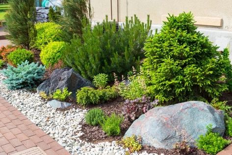 Flower Beds with Rocks Instead of Mulch - Ryno Lawn Care, LLC Ideas Para Decorar Jardines, Rock Mulch, Rock Flower Beds, Mulch Landscaping, Low Maintenance Landscaping, Landscaping Supplies, Low Maintenance Garden, Retaining Walls, Landscape Plans