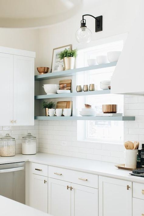 Cabinet Over Window Kitchen, Kitchen Open Shelving Above Stove, Floating Shelves Over Window, Floating Shelf Across Window, Floating Shelves Across Window, Shelves Over Kitchen Window, Kitchen Window With Shelves, Floating Shelves In Front Of Window, Blue Floating Shelves