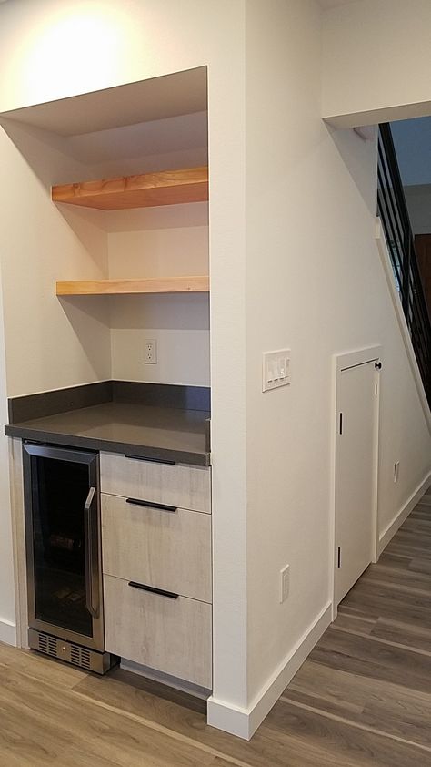 Coffee Bar Under Stairs, Under Stairs Bar, Small Basement Living Room, Under Basement Stairs, Bar Under Stairs, Built In Coffee Bar, Cabin Basement, Under Stairs Wine Cellar, Downstairs Kitchen