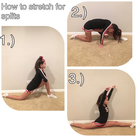 A great way for beginner or more advanced stretchers to improve their splits! #cheersquads #stretch Cheer Beginner Tips, Beginner Cheerleading Tips, Cheer Tumbling Beginner, Cheer Stretches For Beginners, Cheer For Beginners, Cheer Motions, Cheer Essentials, Cheerleading Motions, Cheer Conditioning