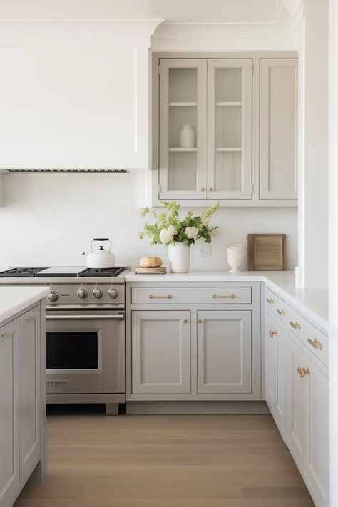 Modern kitchen with cabinets painted Benjamin Moore Light Pewter. Classic Grey Benjamin Moore Kitchen Cabinets, Gray Walls White Kitchen Cabinets, Light Pewter Benjamin Moore Kitchen, Light Grey Benjamin Moore Paint, Revere Pewter And White Dove Kitchen, Lighter Revere Pewter, Best Gray Cabinet Colors, Light Gray Benjamin Moore Paint Colors, Benjamin Moore Gray Cabinets